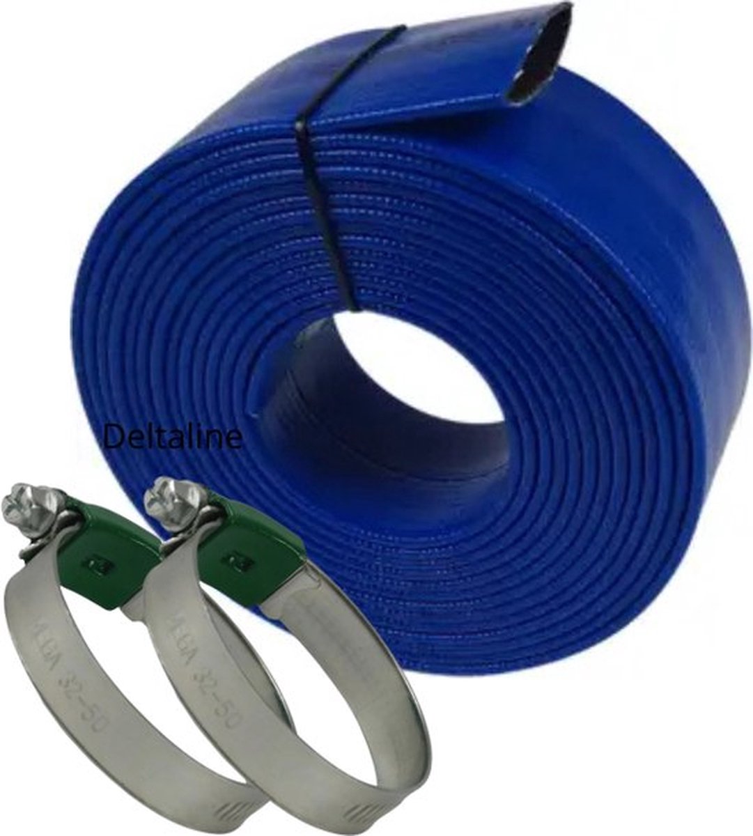 Plat oprolbare slang PVC 38 mm 3bar blauw 25m + 2 slangklemmen