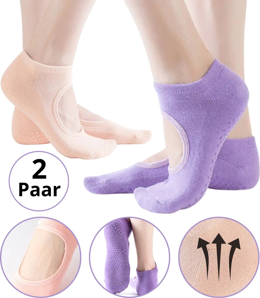 Malinsi® 2-Pack Yoga Sokken Antislip Dames - Gripsokken Pilates Yogasokken - Ballerina Pilatessokken Grip - Ballerinas Open - Abrikoos & Paars - Ballet Kleding