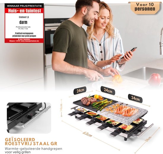 PC-RG 1144 2-in-1 Raclette Grill Voor 10 Personen - Met Stenen Plaat En Grillplaat - Antiaanbaklaag - Traploze Thermostaat - 1700W - Roestvrij Staal — afbeelding 3