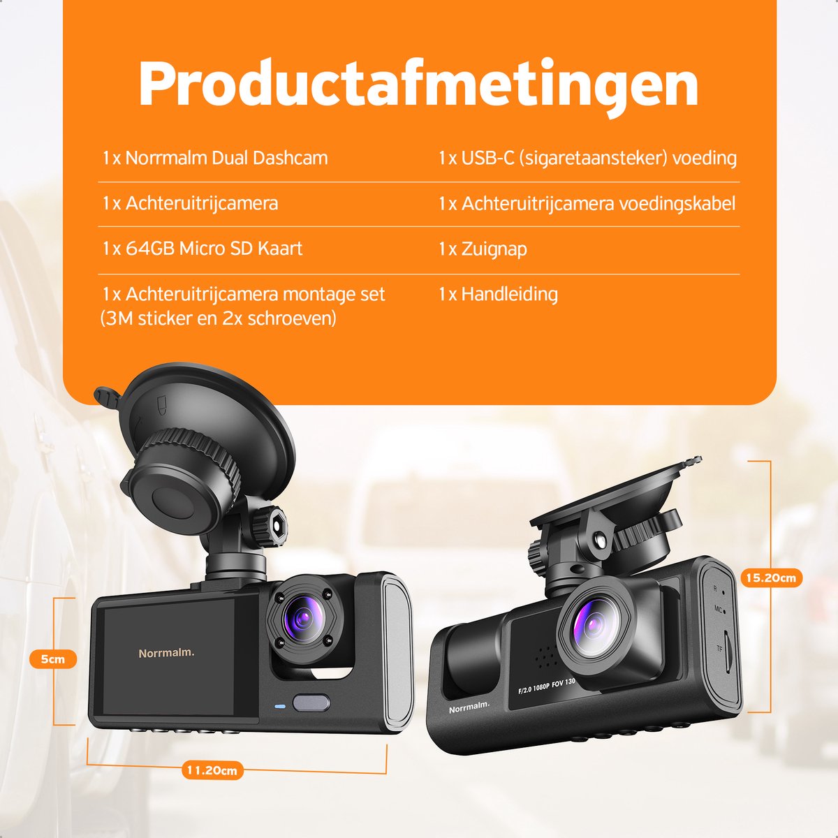 Norrmalm® Full HD Dashcam voor Auto - 64 GB - App (iOS, Android) - WiFi - Voor en Achter Camera - Parkeerfunctie - G-sensor – foto 8