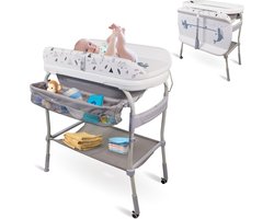 Mobiclinic Trendy – Luiertafel met badje – Commode Baby – Opvouwbaar – Bad- en verschoningsunit – Verzorgingstafel – Babybadje – Thermometer – Tot 50 kg – 0-3 Jaar – Grijs