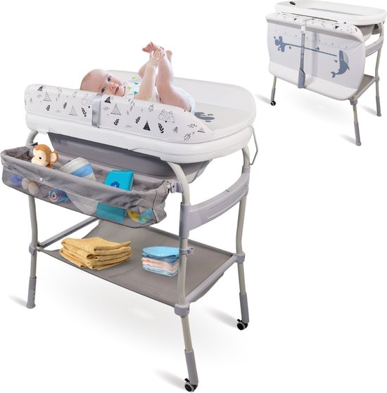 Mobiclinic Trendy - Luiertafel met badje - Commode Baby - Opvouwbaar - Bad- en verschoningsunit - Verzorgingstafel - Babybadje - Thermometer - Tot 50 kg - 0-3 Jaar - Grijs