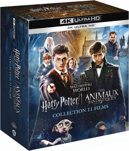 4K Ultra HD Blu-ray boxset met Harry Potter en Fantastic Beasts films. Centraal staan Harry Potter en Newt Scamander, omringd door andere personages.