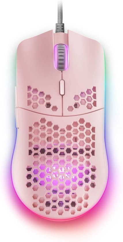 StayPowered Ultralichte Gaming Muis - 12400 DPI Precisie - RGB CHROMA Verlichting - Flexibele Kabel - 7 Programmeerbare Knoppen - Compatibel met PC & Consoles - Stijlvol & Krachtig - Roze - Levering Sneller dan Aangegeven!