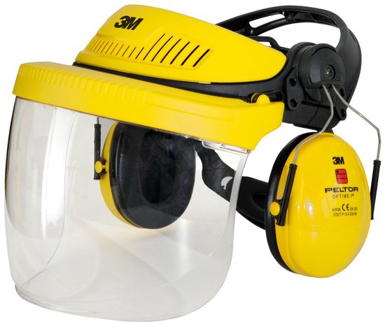 Gele 3M Peltor helm met vizier en gehoorbescherming, met "PELTOR OPTIME" tekst.