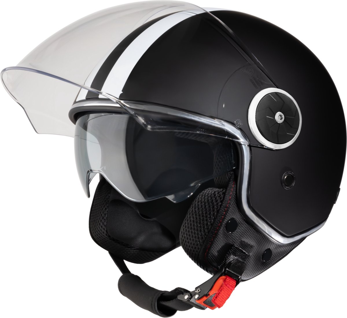 VINZ Arenas Jethelm met Zonnevizier en Strepen | Scooterhelm Retro & Motorhelm Retro & Brommerhelm & Snorfiets Helm | ECE 22.06 goedgekeurd | Lichtgewicht 1200 gram | Voor Heren & Dames | Inclusief Opbergzak | Mat Zwart - L