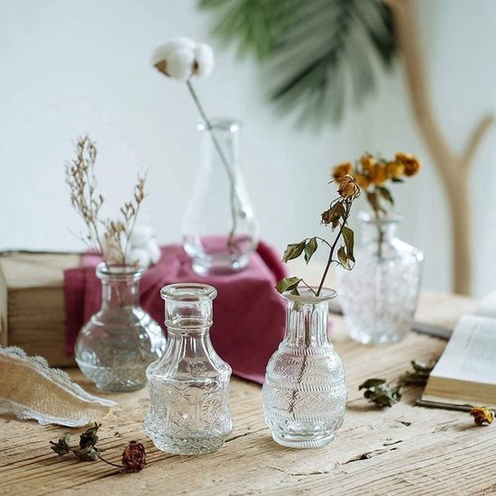 Set van 10 kleine glazen vazen, vintage decoratieve vazen, set bloemendecoratie voor tafeldecoratie, middenstukken, bruiloftsdecoraties, bloemendecoratie, woonkamer, badkamer, moederdagcadeau