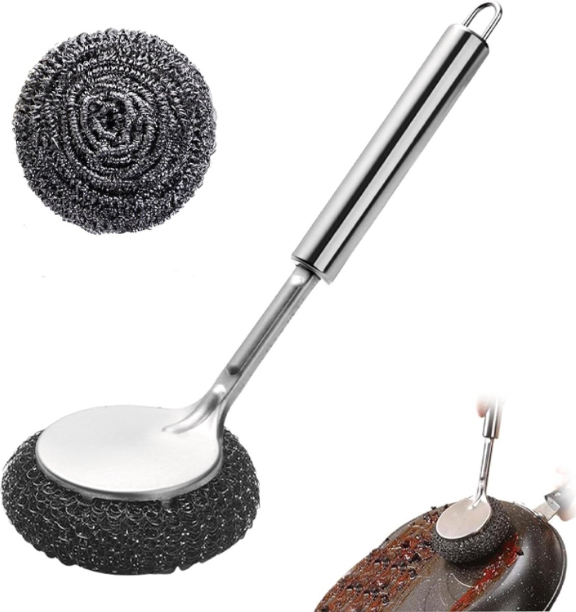 Goedkoopste Afwasborstel/ Staalborstel - Keukenborstel - Schoonmaak Borstel - Vaatwasborstel - Keuken Staalwol Pot Scrubber - Voor Gerechten, Potten, Kachels, Wasbak - Afneembare Borstel - Met 1 Vervangende Kop - Kan Worden Opgehangen