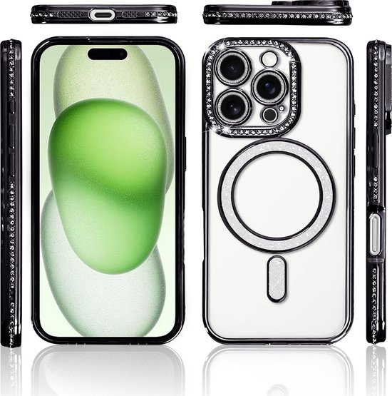 Étui adapté pour iPhone 15 Plus Étui Magsafe Protecteur d'objectif Zwart - Couverture arrière de Luxe en diamant étincelant