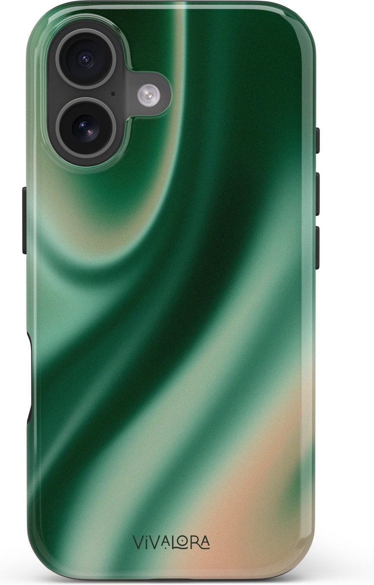 VivaLora Tough Telefoonhoesje iPhone 16 met MagSafe - Satin Shimmer Print - 2-in-1 Phone Case - Hard Case & Siliconen Backcover - Extra Bescherming - Shockproof Cover - Gradient Groen