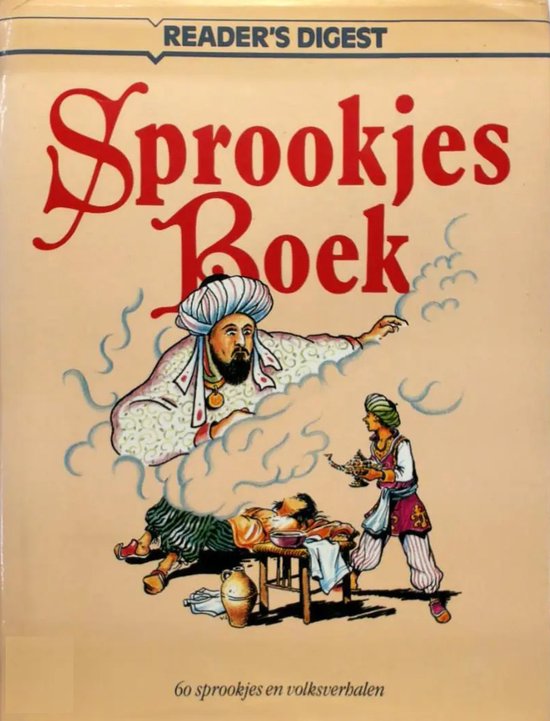 Reader's Digest Sprookjesboek, met een tekening van een geest uit een lamp en twee mannen.