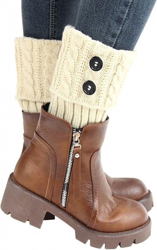 Jambières - Jambières - Boutons tendance - Avec motif torsadé - Tricot épais - Acryl - Beige - 16+10 cm - Chaud - Confortable - Accessoire de Mode - Revers de bottes courtes tricotés
