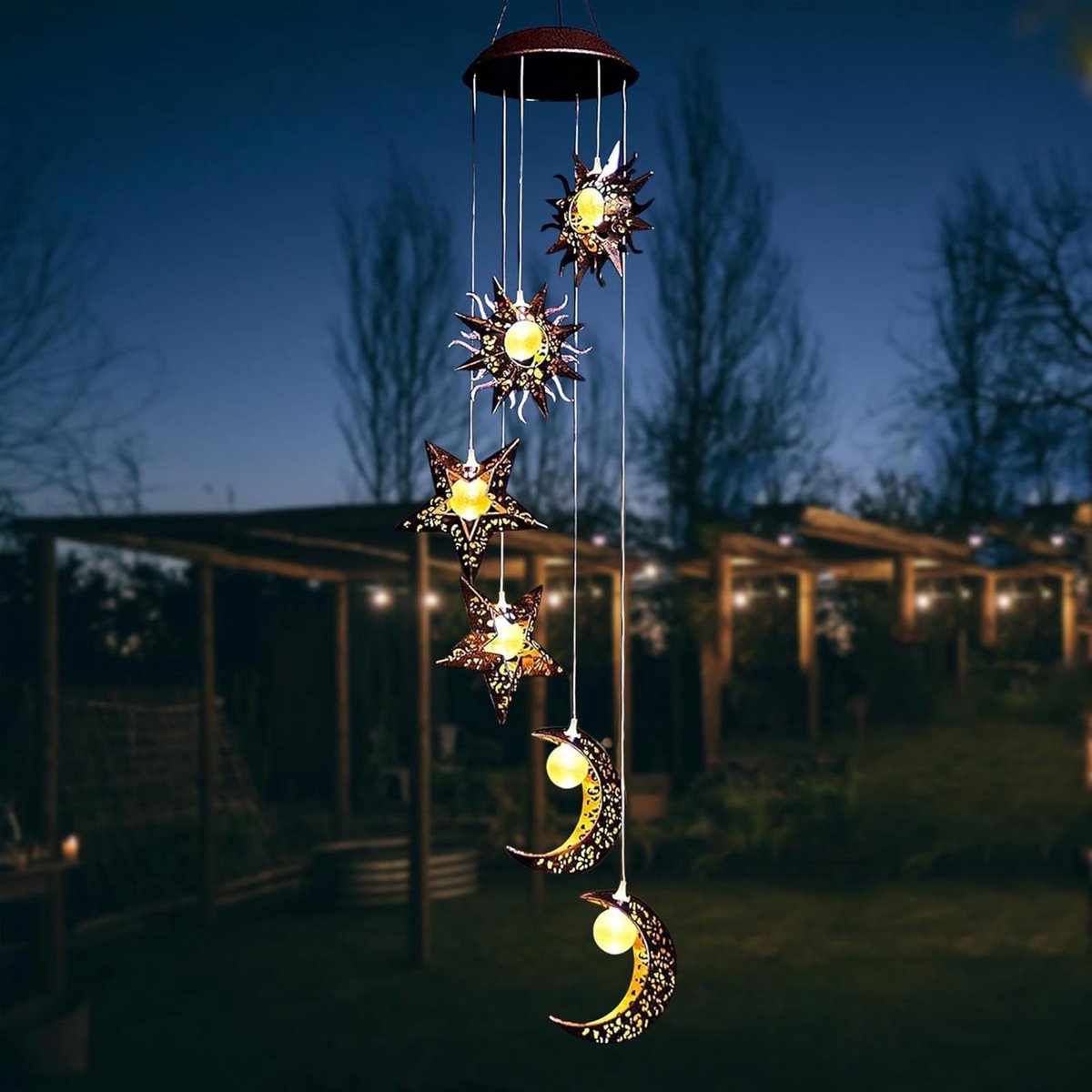 Zonne-windklokken met zon maan ster, zonne-windklokken voor buiten solar lampen waterdichte led lamp, opknoping licht tuin decoratie voor balkon terras