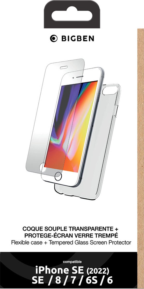 Bigben Connected, Hoesje geschikt voor iPhone SE 2022/SE/8/7/6S/6 - met Tempered Glass Screenprotector, Transparant