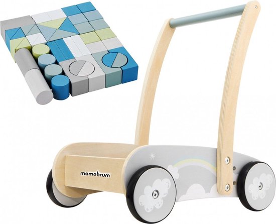 Blokkenkar Mamabrum Wolkjes Loopwagen Baby loophulp voor 1 jaars duwkar houten walker blokkenwagen met blokken activiteiten loopkar babywalker wagentje jongen meisje leren lopen kar blokkendoos wagen duw loop hout loopwagens looptrainer duwwagen