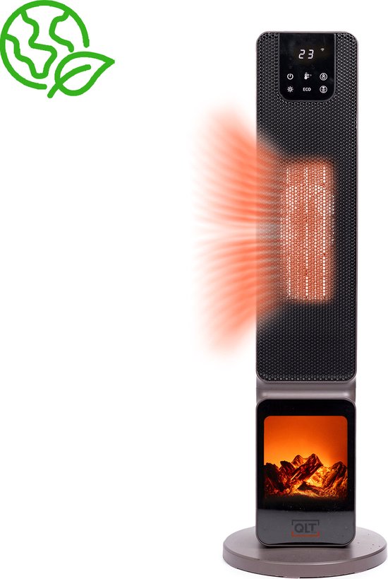 QLT Elektrische Keramische Kachel met Sfeerhaard met ECO-modus – Verwarming – LCD-display, Oscillatiefunctie en Afstandsbediening – 2000W – Zwart