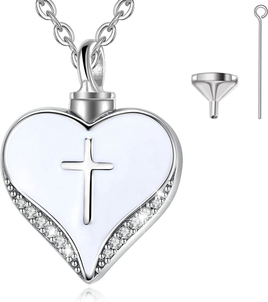 Assieraad Zilver (925) Hart Met Kruisje & Zirkonia Stenen Met Ketting