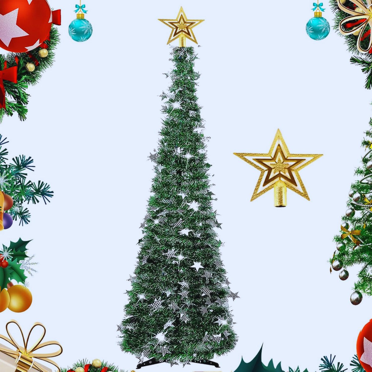 Opvouwbare kunstkerstboom 1.5m met stervormige boomtop en stevige standaard.