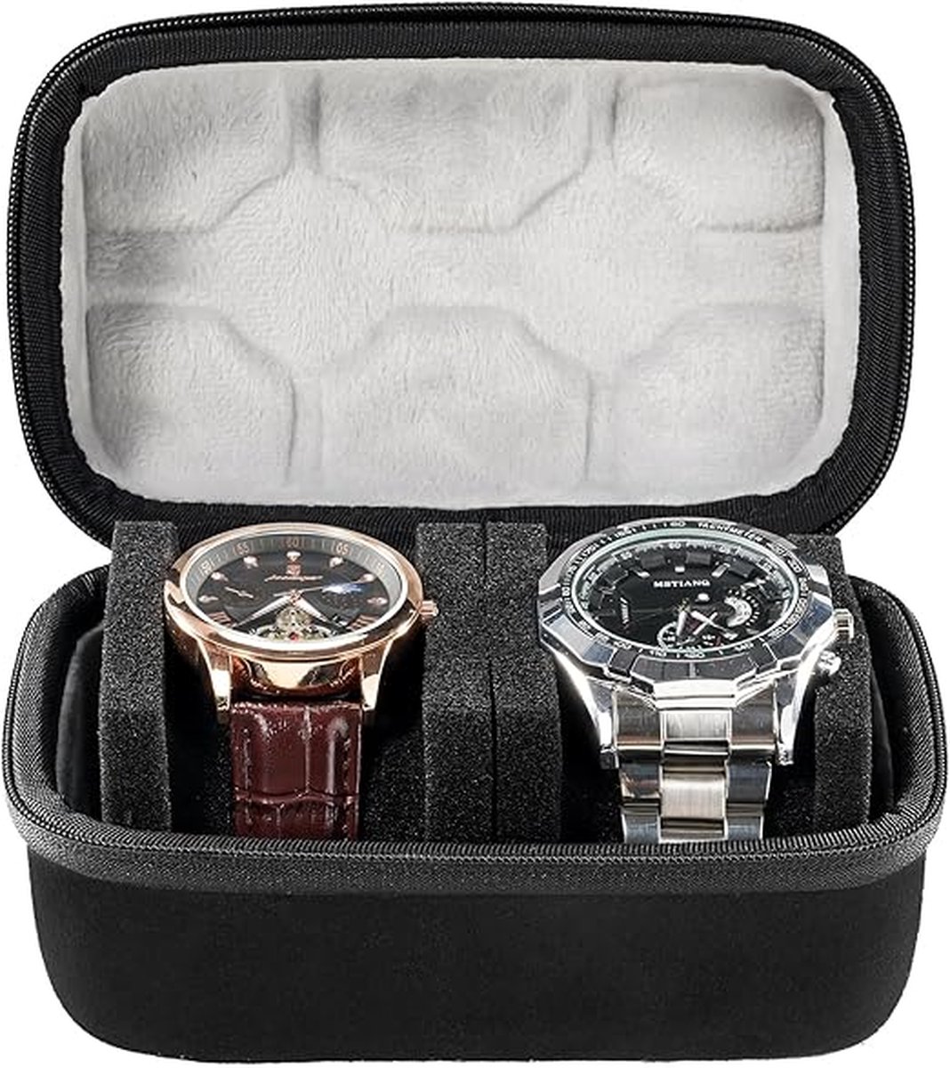 Reisetui voor horloges voor dames en heren, draagtas met 2 sleuven voor horloges, draagbare harde opbergdoos voor horloges voor heren met zacht kussen resistent