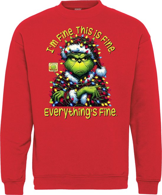Kersttrui Grinch Is Fine | Foute Kersttrui Dames Heren | Kerstcadeau | Kerstpakket | Rood | maat XL