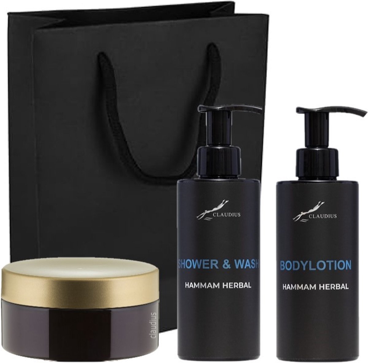 Goedkoopste Douchepakket Hammam Herbal - Shower & wash Bodylotion Scrubzout 300 gram - 300 ml per fles - set van 3 stuks - met luxe gift tas - kerst cadeau - giftset voor hem en haar