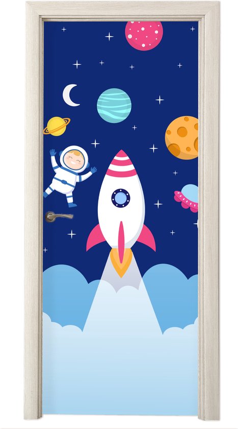 Deurposter 80x205 cm - Deursticker Raket - Ruimte - Astronaut - Blauw - Jongens - Meubelfolie zelfklevend - Deurfolie kinderkamer - Muurstickers kinderen - Deur plakfolie - Deurbehang sticker - Babykamer decoratie accessoires