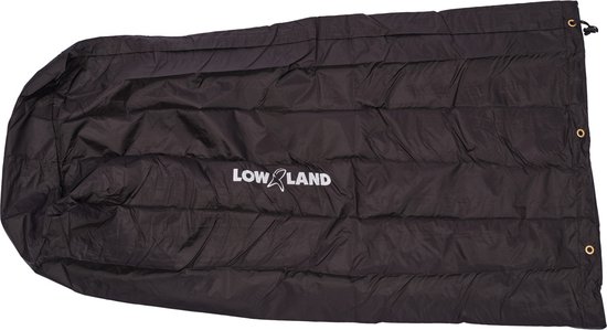Zwarte flightbag met logo, plat liggend, met trekkoord sluiting.