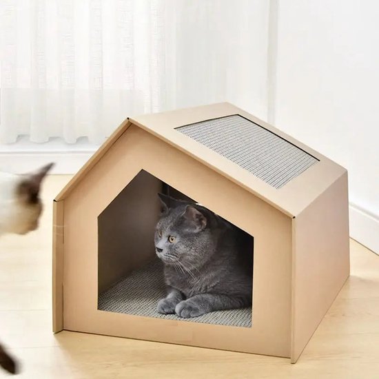 Kattenhuisje karton - Speelhuisje voor katten - Inclusief krabmat - 43 x 38 x 35 cm (LxBxH)