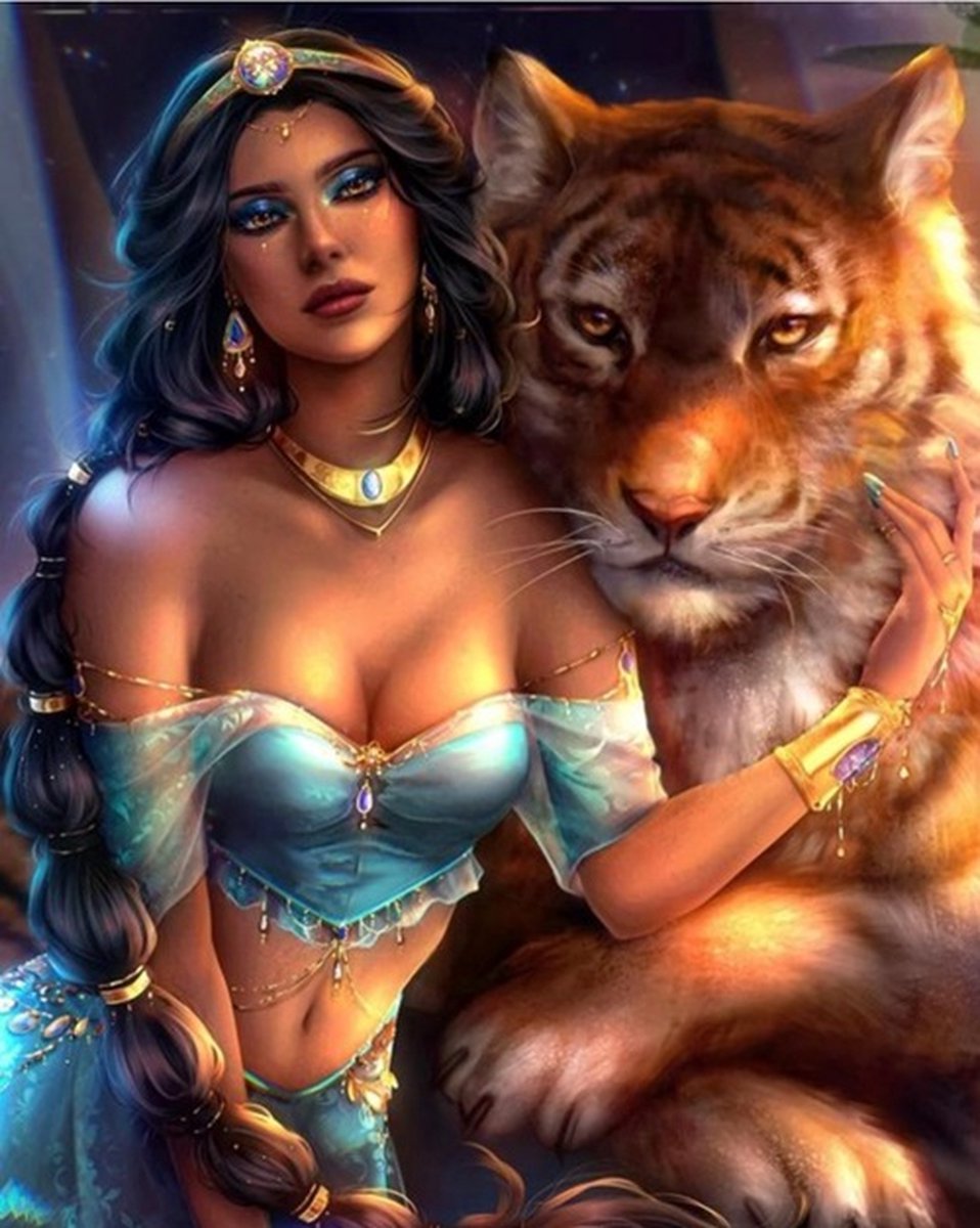 Denza - Diamond painting beauty women with tiger 40 x 50 cm volledige bedrukking ronde steentjes direct leverbaar - voor volwassenen - vrouw met tijger prinses