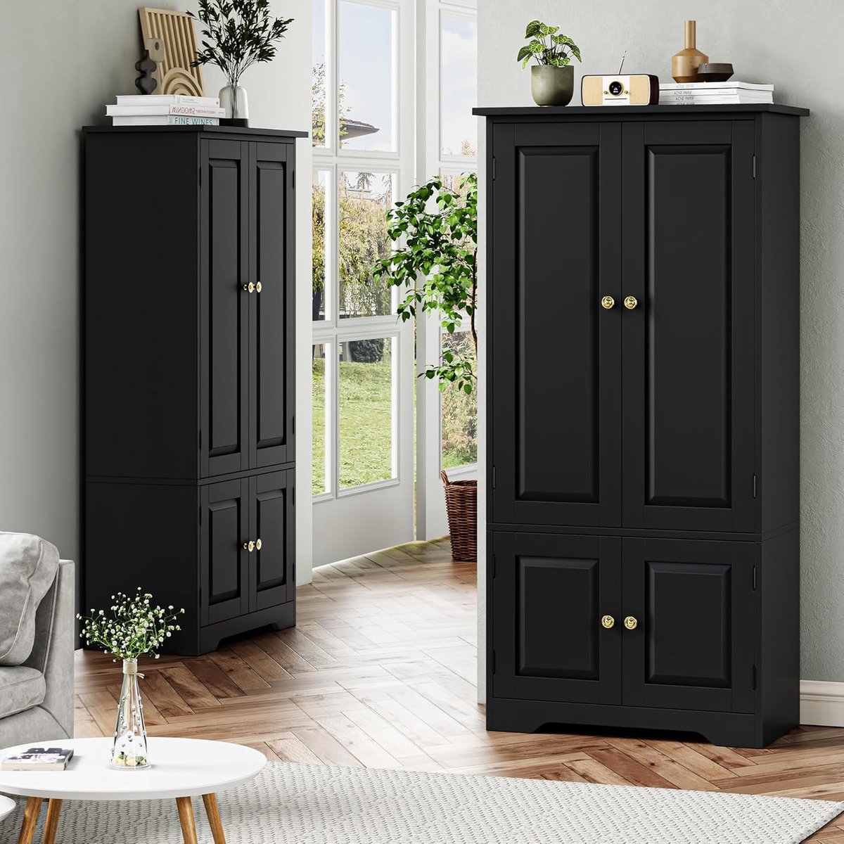 HOLTICO Vrijstaande keukenkasten met glazen deur, glazen keukenkast, vitrines, klassieke hoge kast met glazen deur en verstelbare planken voor keuken, woonkamer en eetkamer, zwart HOLTICO Vrijstaande keukenkasten met glazen deur, glazen keukenkast, vitrines, klassieke hoge kast met glazen deur en verstelbare planken voor keuken, woonkamer en eetkamer, zwart