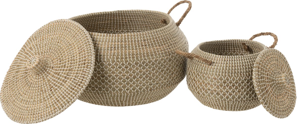 J-Line mand Handvat + Deksel - zeegras - naturel/wit - set van 2