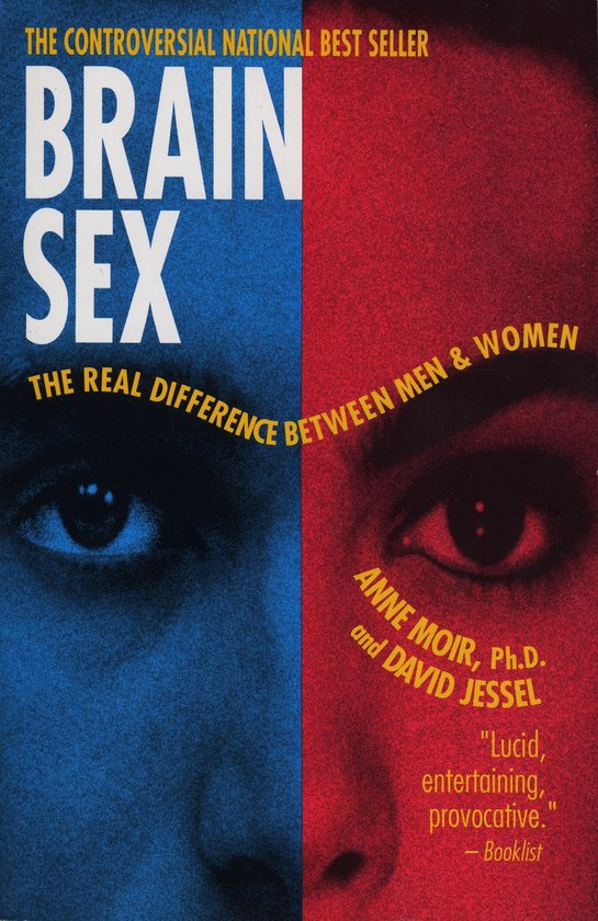 Boekcover met de titel "Brain Sex", de kleuren blauw en rood verdelen het beeld. Twee ogen kijken naar de kijker.