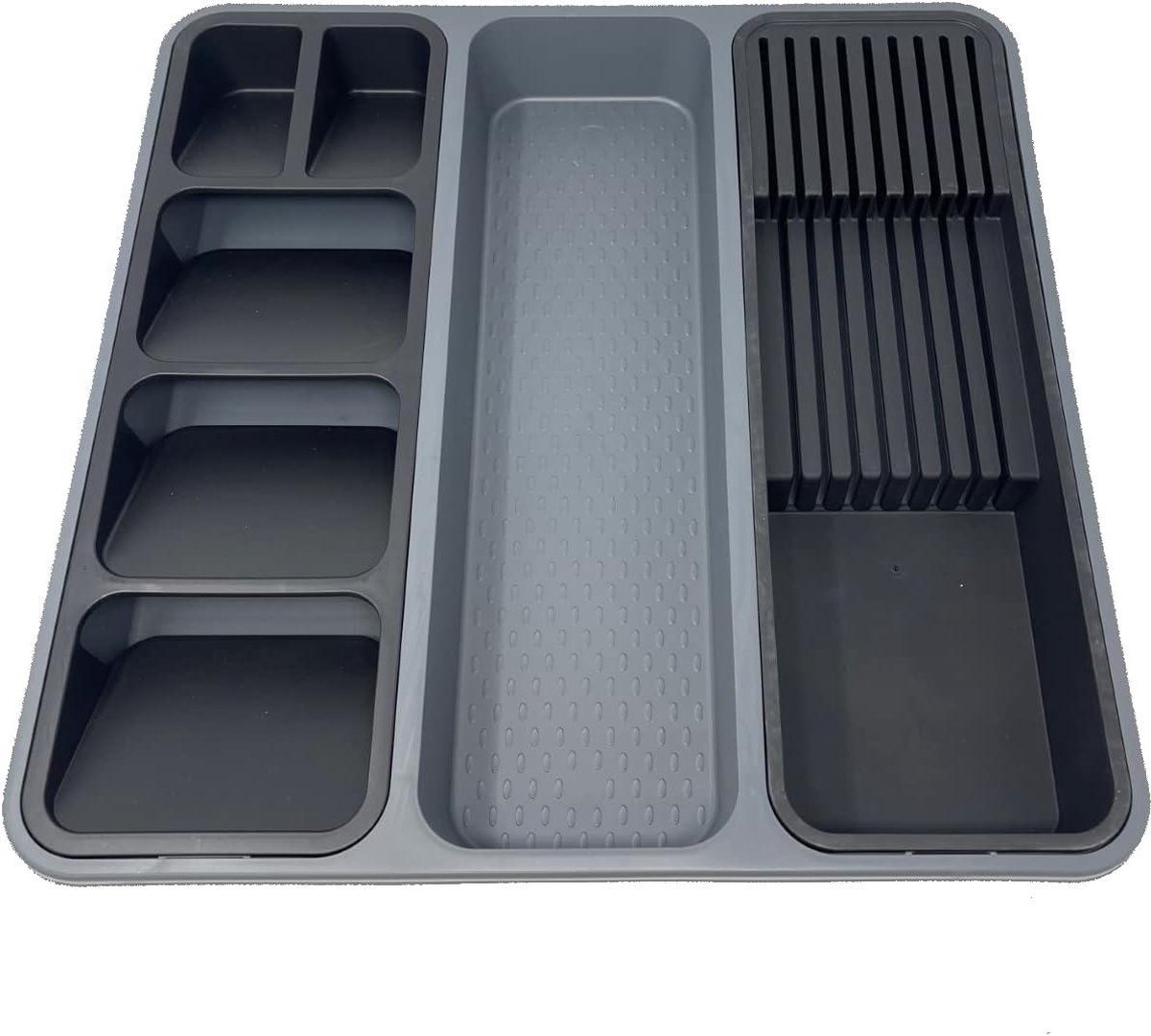 Nevolis Bestekbak 7 compartimenten bestekorganizer kunststof lade-organizer voor thuis keuken kantoor antislip gebruiksvoorwerpen lade voor lepel vorkmes (grijs/zwart) .