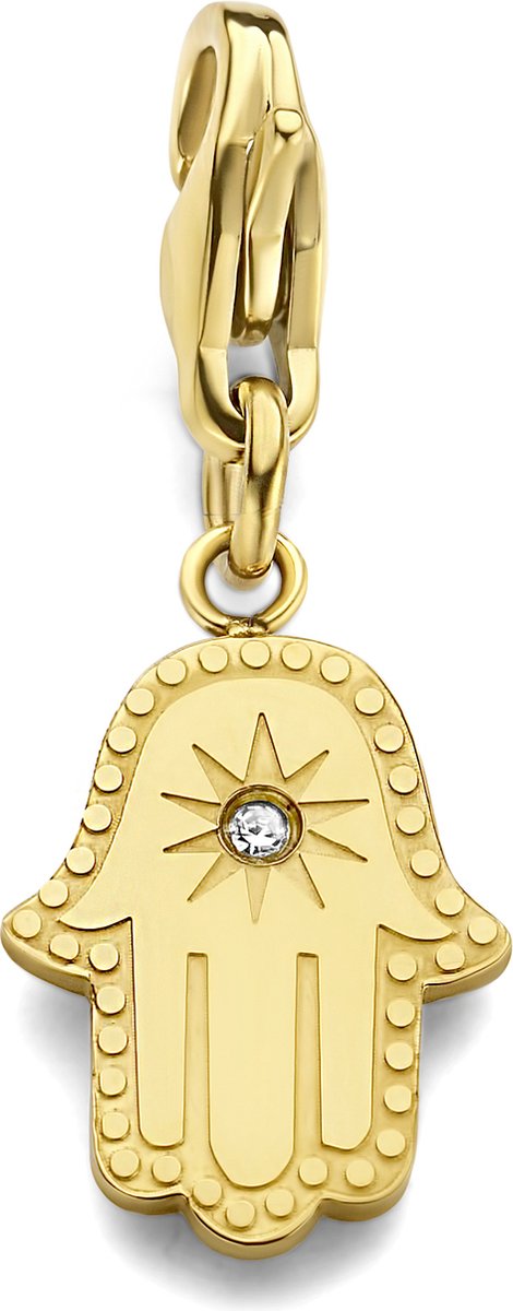 CO88 Collection 8CH-00026 Stalen Bedel - Fatima Handje - Hamsa - Kristal - 15 x 11 mm - Carabijnhaak - Goudkleurig