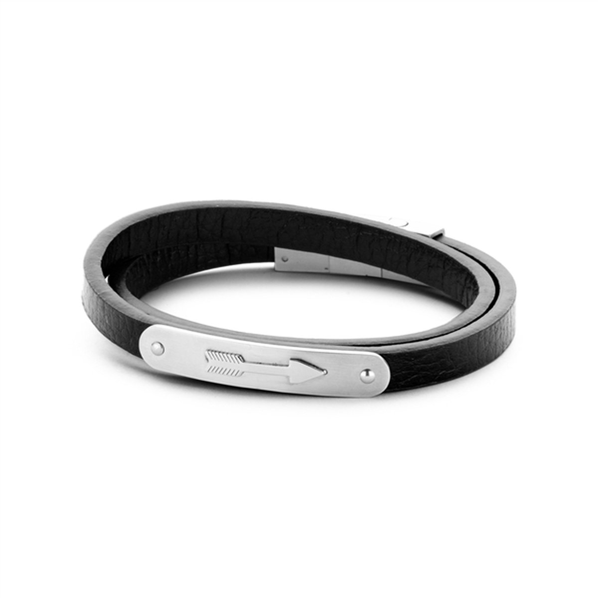 Frank 1967 7FB-0225 - Heren armband met leer en staal elementen - anker - lengte 39 + 1 cm - zwart