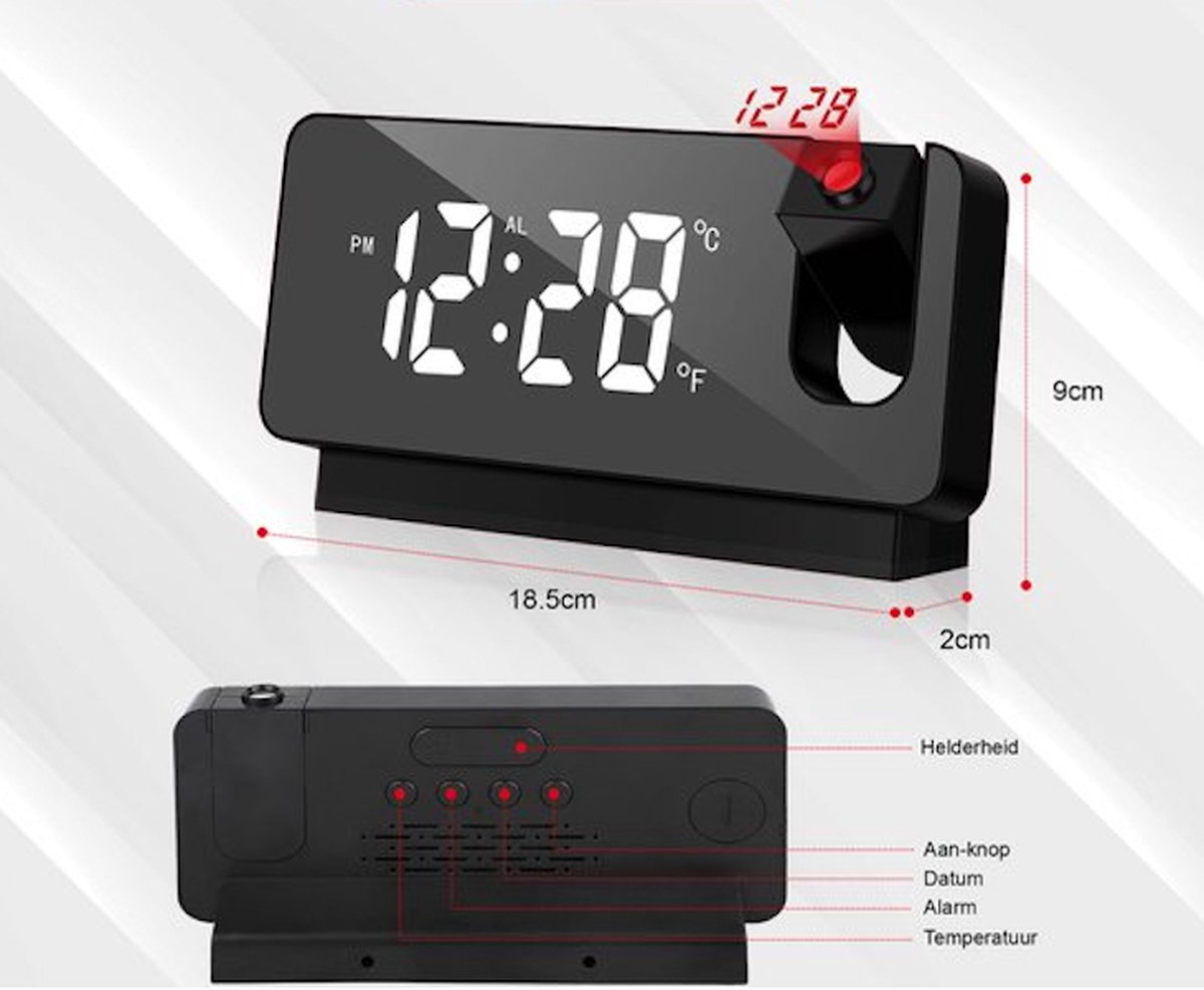 Projectiewekkers aan het bed, luide wekker met 350° draaibare projector, temperatuur, datum, 10 alarmtonen, 4 volumes, 5 dimmer, USB-oplader, projectorwekker voor slaapkamer, woonkamer