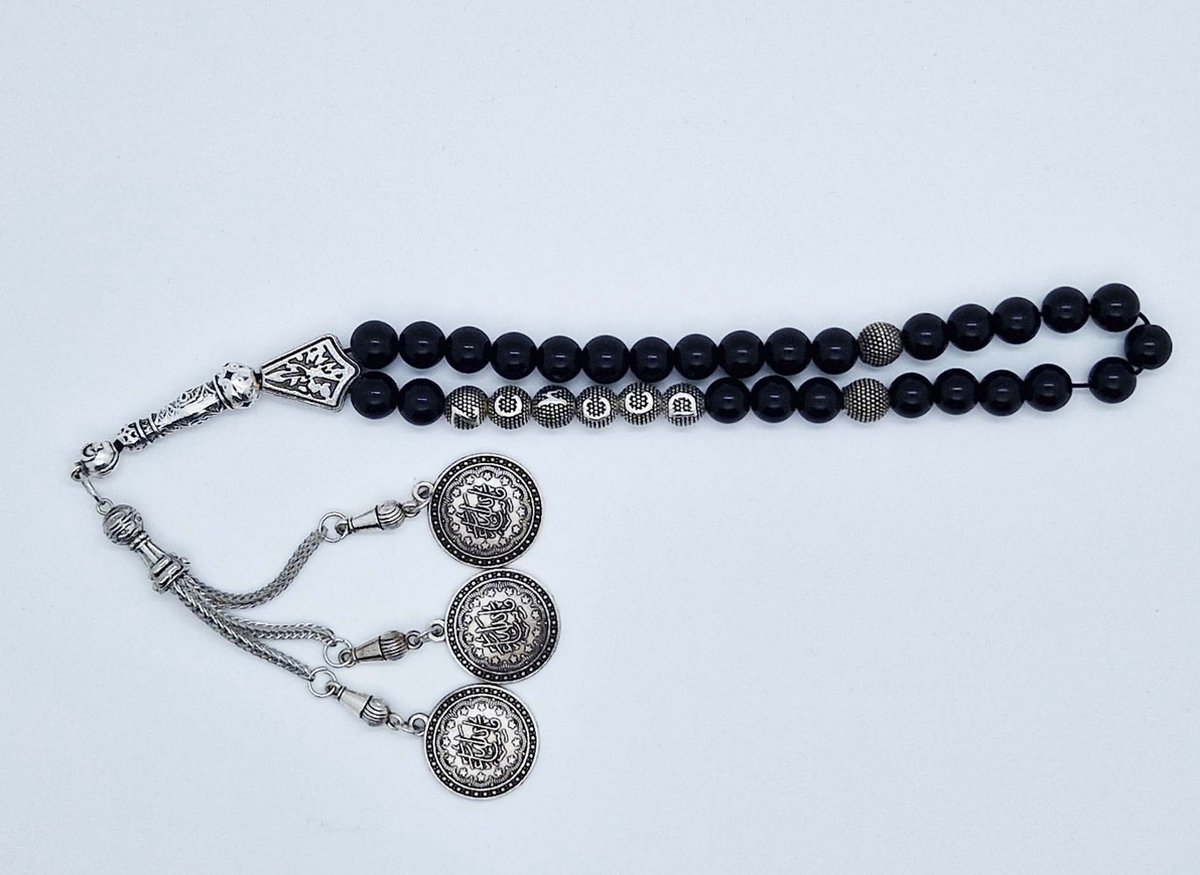 Handgemaakte naam tasbih 33 Kralen Natuursteen “Obsidian” - met metaal tassel “Masha' allah"- Met je naam of de naam van uw geliefde- 8 mm diameter van de korrel