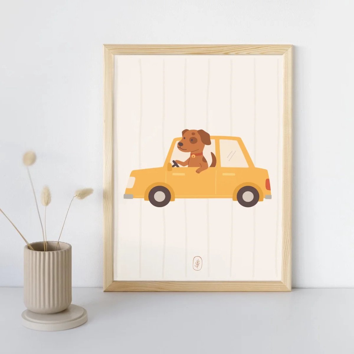 Kinderkamer poster met dieren - Dog on the road | Babykamer | kinderkamer decoratie | Grappige poster met een hond in de auto | Wanddecoratie | 30x40 cm