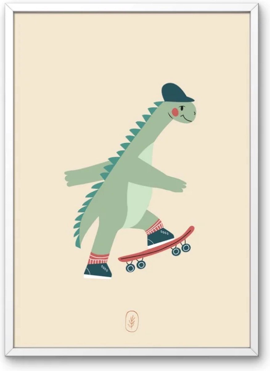 Kinderkamer poster met dieren - Skateboarding dino | Babykamer | kinderkamer decoratie | Jongenskamer poster met dinosaurus en skateboard | Wanddecoratie | 30x40 cm