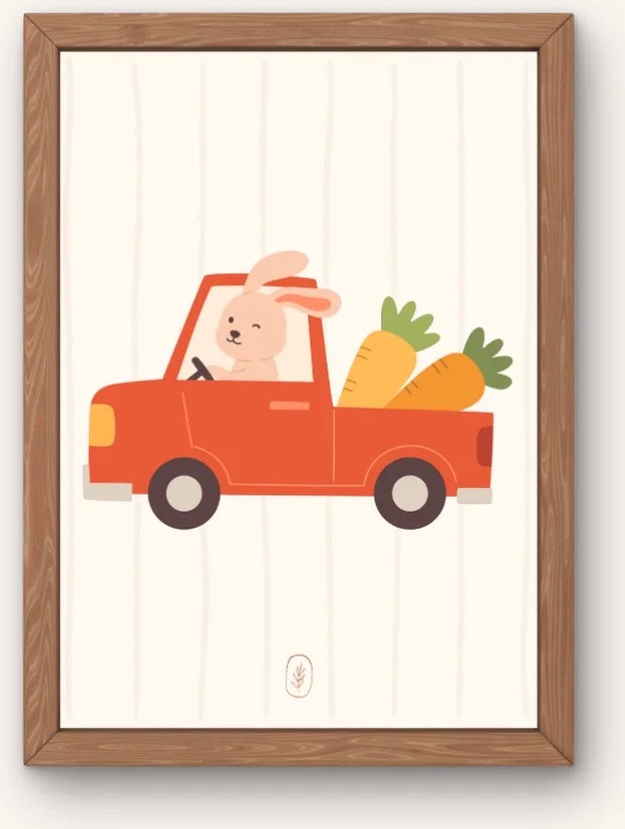 Kinderkamer poster met dieren - Bunny on the road | Babykamer | kinderkamer decoratie | Grappige poster met een konijn in de auto | Wanddecoratie | 30x40 cm