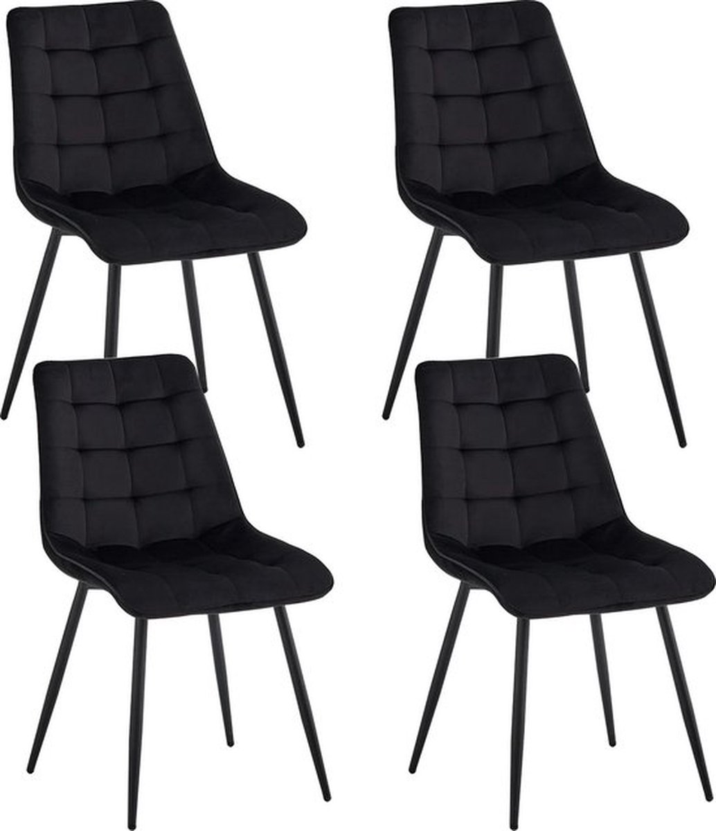 Luxe Eetkamerstoelen – Set van 4 – Metalen Frame – Fluweel Gewatteerde Stoelen – Modern Design – Onderhoudsvriendelijk – Zwart