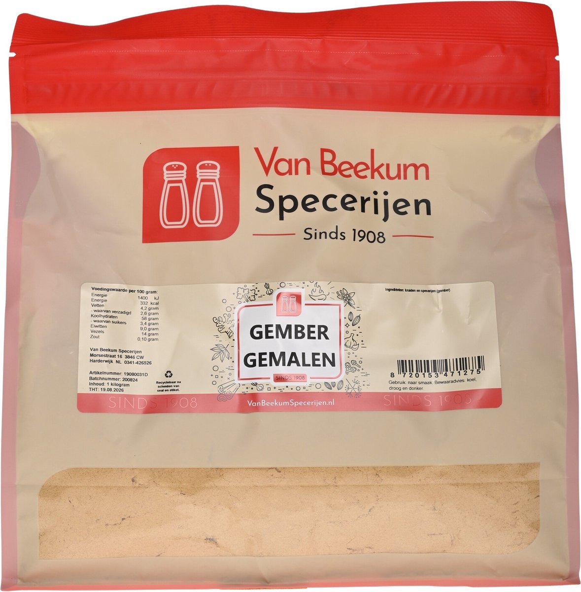 Goedkoopste Van Beekum Specerijen - Gember Gemalen - 1 KG (hersluitbare stazak