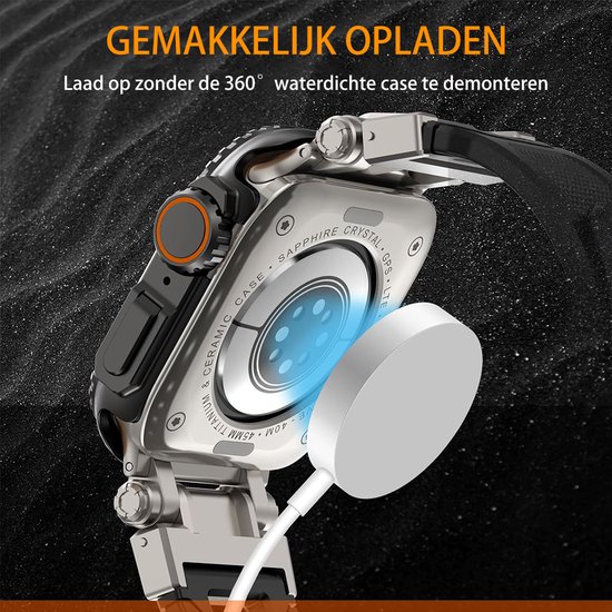 Een smartwatch met een robuuste metalen case die wordt opgeladen met een draadloze oplader.