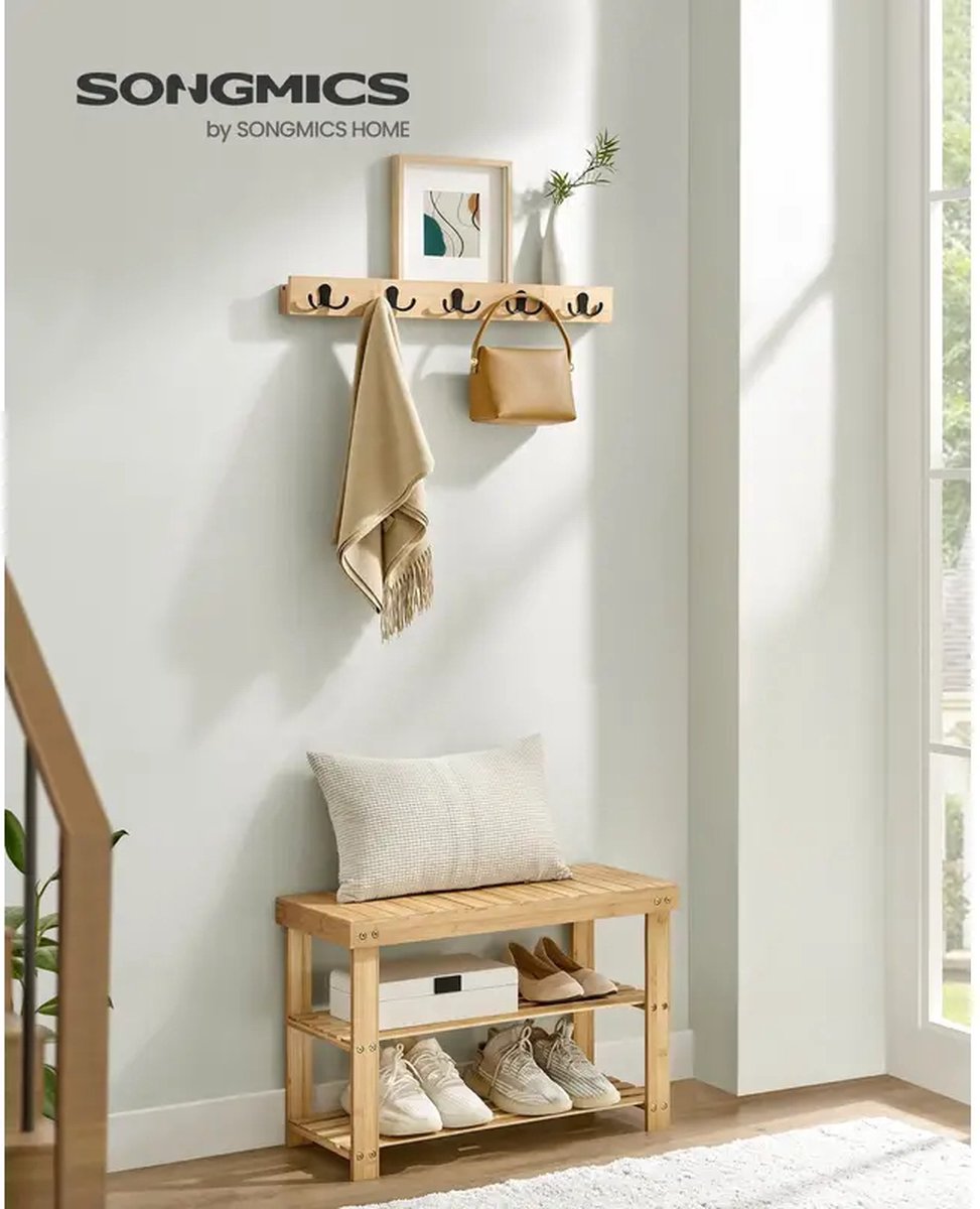 MazrekuHome Kapstok en Schoenenbank Hal Meubilair Multifunctioneel 5 Metalen Dubbele Haken 3-Lagen Bamboe Schoenenrek Voor Hal of Slaapkamer Natuurlijk Beige