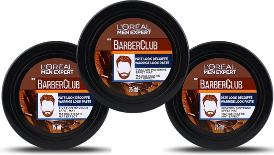 Drie potten L'Oréal Men Expert Barber Club warrige look paste naast elkaar. Elk 75ml, met medium fixatie en mat effect.
