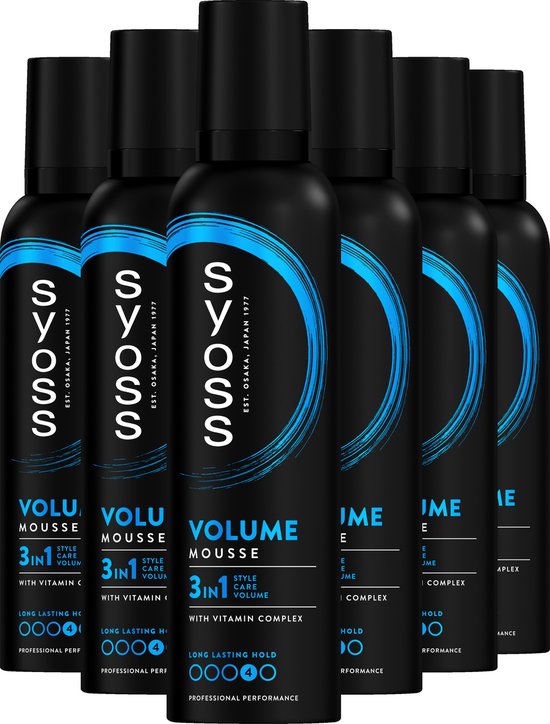 Six aérosols noirs Syoss Volume Mousse 3-en-1 avec cercle bleu. Texte "Volume Mousse 3IN1 Style Care Volume" visible.
