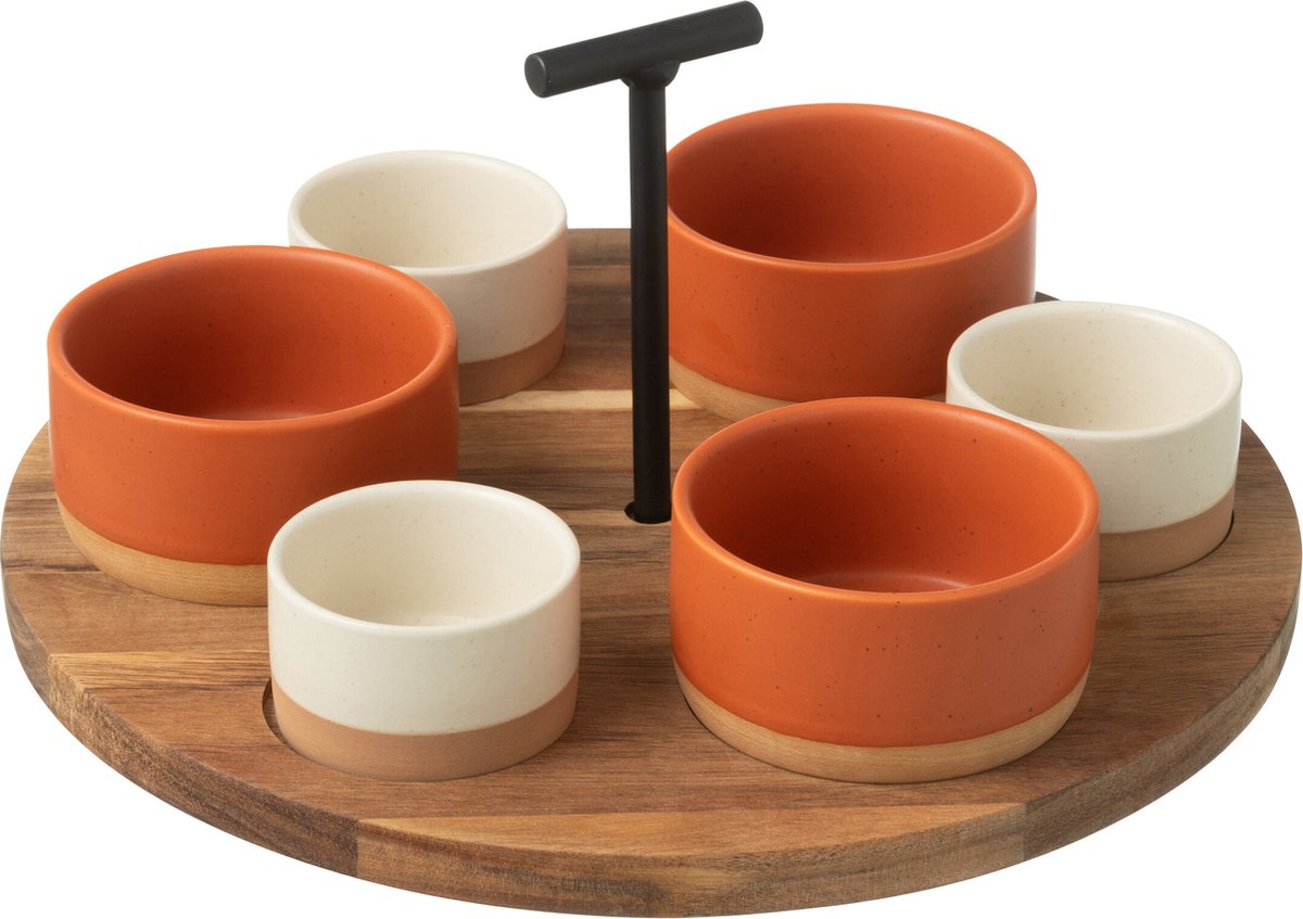 J-Line tapasplank 6 kommen + bambouschaal In Doos - keramiek/hout - wit/oranje