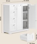 Witte badkamerkast van 81x30x83 cm met 4 lades en 2 deuren, met afmetingen aangegeven.