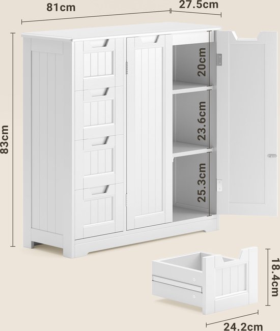 Witte badkamerkast van 81x30x83 cm met 4 lades en 2 deuren, met afmetingen aangegeven.