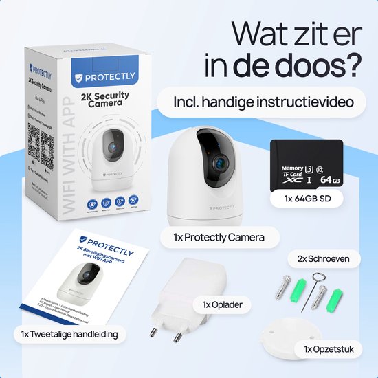 Inhoud van de verpakking: witte beveiligingscamera, 64GB SD-kaart, handleiding, oplader, schroeven en opzetstuk. Tekst: Wat zit er in de doos?